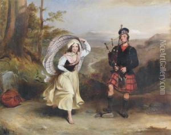 A Piper And His Lassie In A Landscape Oil Painting - Sir William Allan