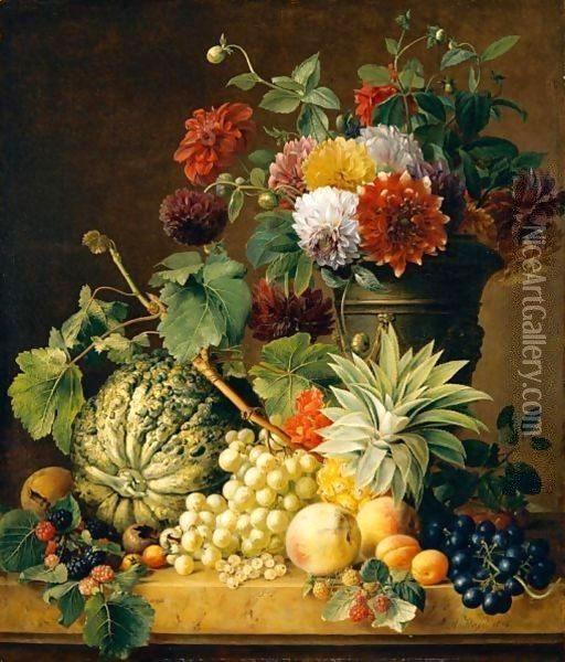 A Bouquet Of Flowers In An Urn And A Melon, A Pineapple, Grapes, Apricots, Peaches And Other Fruit, All Resting On A Marble Ledge Oil Painting - Anton Weiss