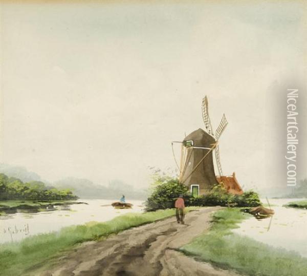 Dutch Scene With Awindmill Oil Painting - Paul Joseph Constantine Gabriel