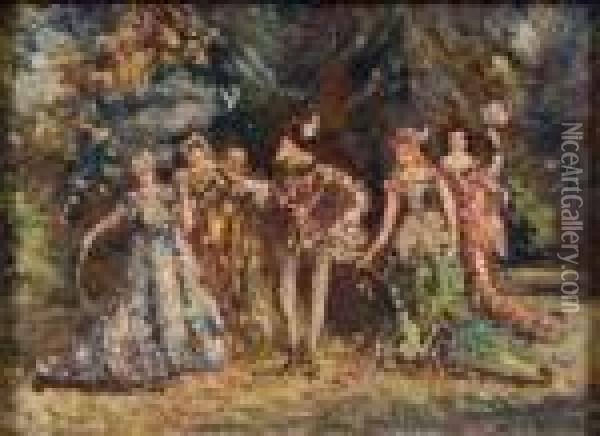 Mephisto Und Vier Elegante Damen Im Park Oil Painting - Adolphe Joseph Th. Monticelli