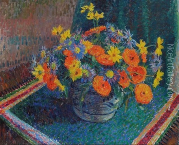 Summer Flowers In A Pottery Bowl On A Table Oil Painting - James Bolivar Manson
