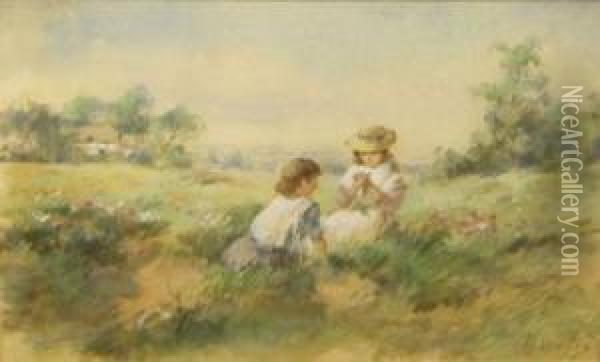 Two Children Picking Wild Flowers In A
Meadow Oil Painting - Henry Wallis