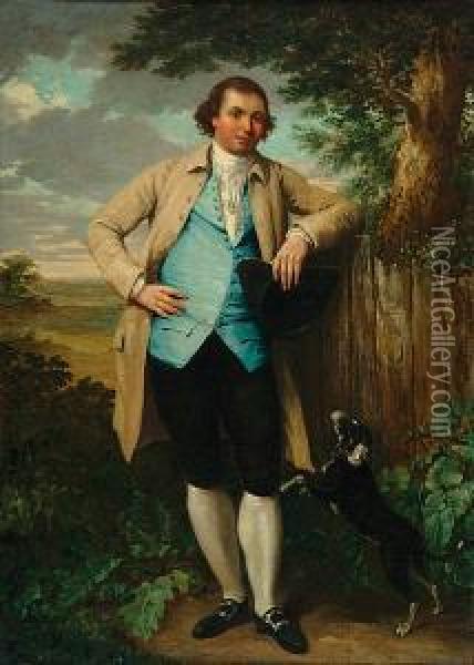 A Gentleman With His Dog In A Landscape - A Full-length Portrait Oil Painting - Dupont Gainsborough