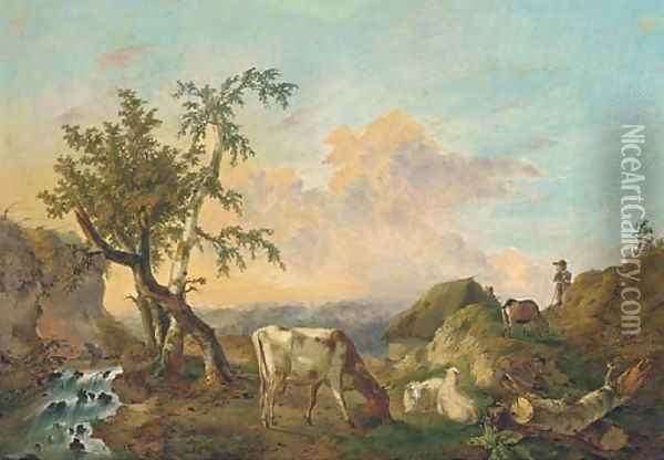Sheep and cattle grazing beside a stream with a shepherd looking on Oil Painting - Charles Desan