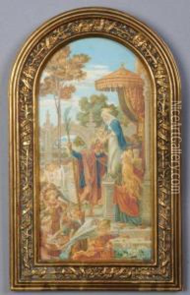 Christ Being Presented To St. Christopher And St. Barbara. Oil Painting - Ricciardo Meacci