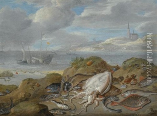 Still Life With Cuttle Fish, Plaice, Cod, Mussels, And Other Fish On A Dune, A Church Across A River Estuary Beyond Oil Painting - Jan van Kessel the Elder