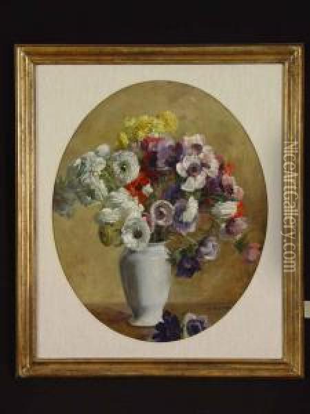 Blumenstraus In Weiser Porzellanvase Oil Painting - August Rieper