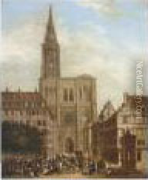 A Busy Market In Front Of A Cathedral, Strassbourg Oil Painting - Gustav Stobwasser