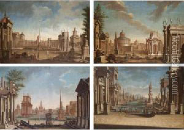A Capriccio View Of A 
Mediterranean Harbour;a Capriccio View Of A Grassy Piazza With A Series 
Of Imaginary Temples, A Mother And Daughter In The Foreground;a 
Capriccio View Of A Piazza With A Curved Colonnade To The Right And A 
Six Columned Church Oil Painting - Francesco Battaglioli