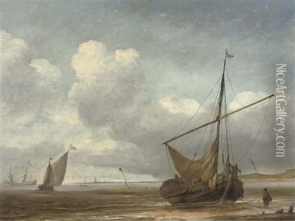 A Fishing Boat Moored On A Beach, Other Sailing Vessels And A Town Beyond Oil Painting - Jan Van De Cappelle