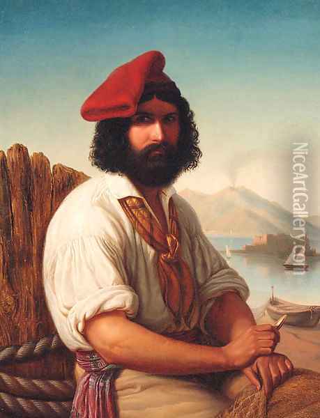 A Neapolitan Fisherman with Vesuvius beyond Oil Painting - Italian School