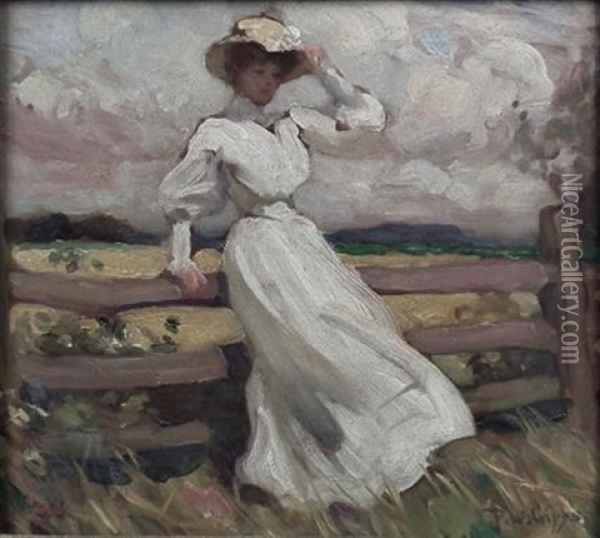 Girl In A White Dress And Straw Hat Leaning On A Fence Oil Painting - Percy William Gibbs