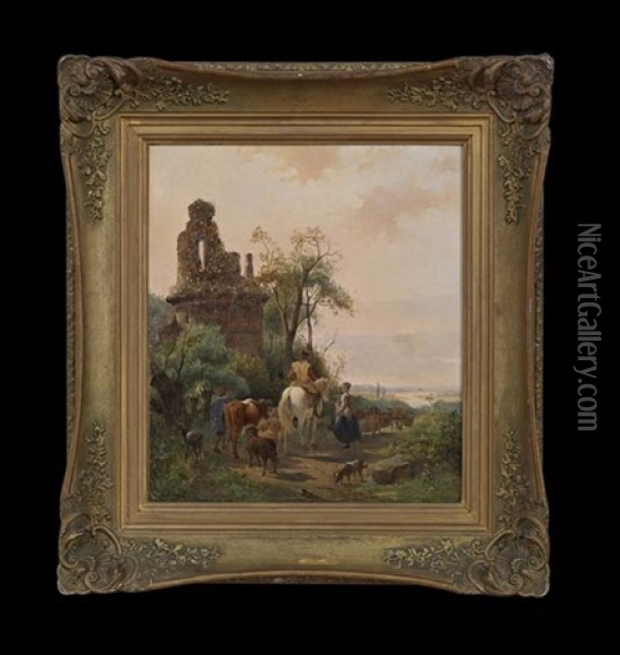 Landscape With Shepherds And Cattle, Amongst Ruins Oil Painting - Jan Van Ravenswaay