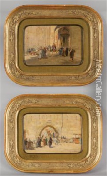 Porta Del Cairo Con Cavalieri E Porta Del Cairo Con Mercato (pair) Oil Painting - Alberto Rossi