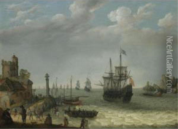 A Coastal Landscape With Figures On The Shore With A Spanish Man O'war Putting To Sea As A Dutch Fleet Approaches Oil Painting - Abraham Willaerts