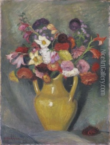 Bunter Blumenstraus In Gelbem Tonkrug Oil Painting - Otto Modersohn
