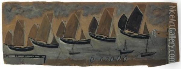 St Ives Harbour With Five Sailing Boats Oil Painting - Alfred Wallis