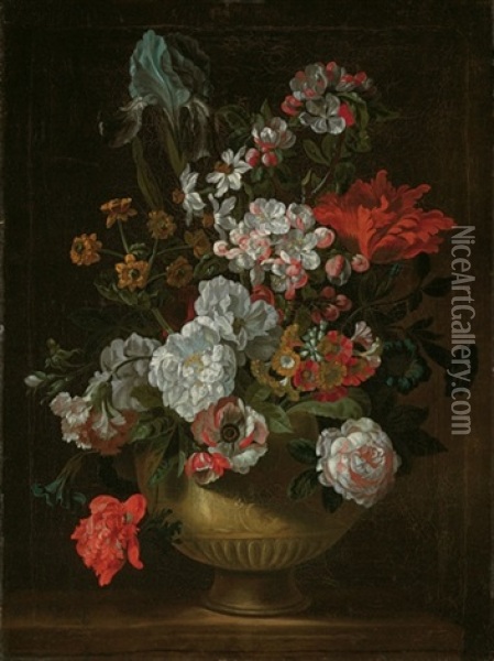 Iris, Tulips, Roses, Carnations And Other Flowers In An Urn On A Stone Ledge Oil Painting - Pieter Casteels III