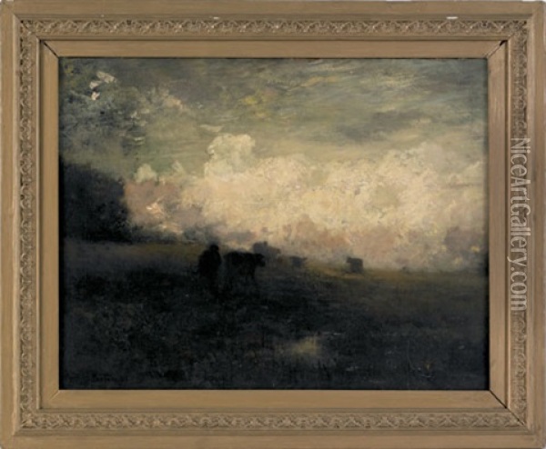 Untitled (a Bucolic Landscape With Cows) Oil Painting - Arthur Parton
