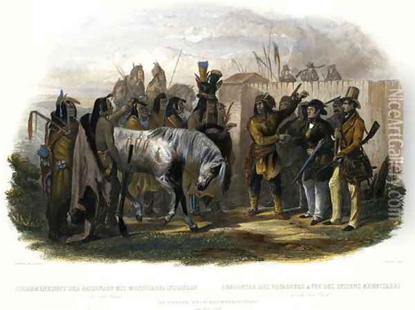 The Travellers Meeting with Minatarre Indians near Fort Clark, plate 26 from Volume 1 of 'Travels in the Interior of North America' 1843 Oil Painting - Karl Bodmer