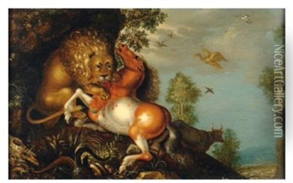 Lion Attaquant Un Cheval Oil Painting - Roelandt Savery
