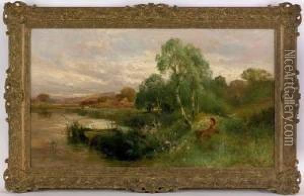 John Horace Hooper(british, 19th
 C.), Oil On Canvas Landscape With Figure, Signed Lower Right ''j. 
Horace Hooper'', 24'' X 42''. Oil Painting - John Horace Hooper