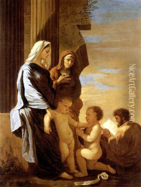 La Sainte Famille Avec Sainte Elisabeth Et Saint Jean-baptiste Oil Painting - Nicolas Poussin