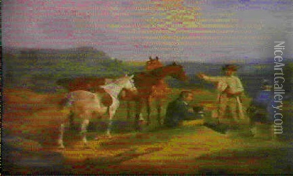 Der Richtige Weg (inmitten Markischer Landschaft Hat Eine   Gruppe Reisender Eine Unfreiwillige Rast Eingelegt) Oil Painting - Edmund Friedrich Rabe