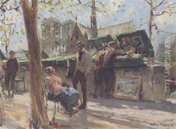 Book Stalls, Notre Dame Oil Painting - Jules Eugene Pages