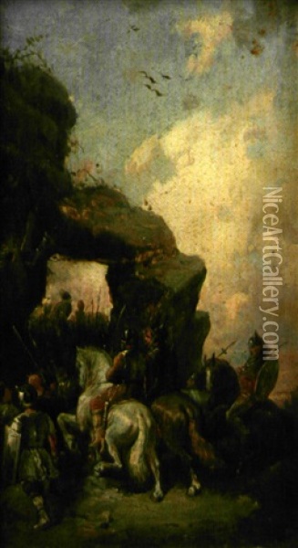 Cavaliers Passant Sous Un Rocher Oil Painting - Francois-Louis Lanfant