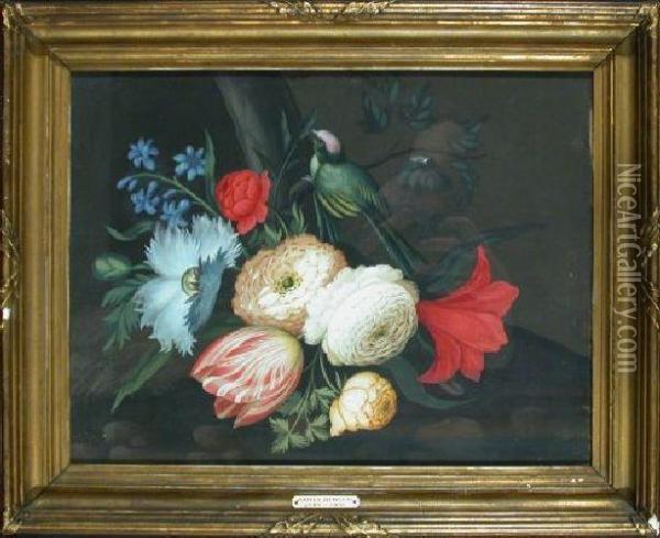 Still Life Of Flowers With A Bird On A Branch: Two Oil Painting - James Hewlett