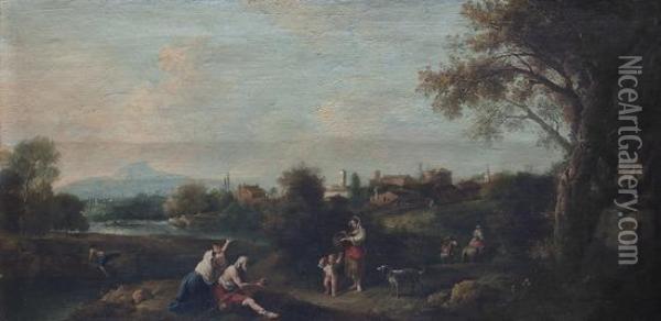 Paesaggio Con Borgo Fortificato In Lontananza E Famiglia Di Contadini In Primo Piano Oil Painting - Francesco Zuccarelli