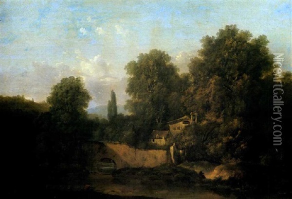 Paysage Fluvial Avec Une Ferme Pres D'un Pont Oil Painting - Louis Gabriel Moreau the Elder