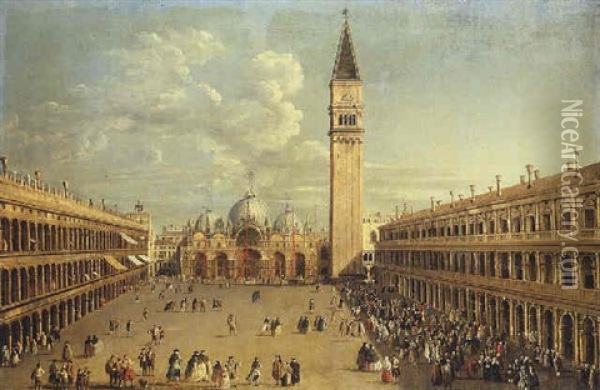 The Piazza San Marco, Venice, Looking East Towards Saint Mark's, With The Torre Dell'orologio, The Campanile And The Doge's Palace Oil Painting - Antonio Joli