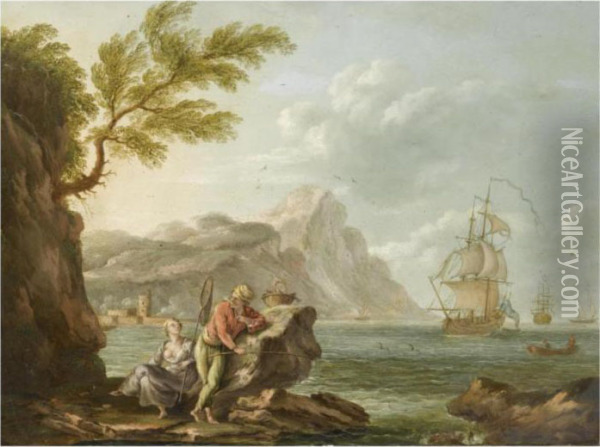 A Mediterranean Coastal Scene With A Couple Fishing In The Foreground Oil Painting - Claude-joseph Vernet
