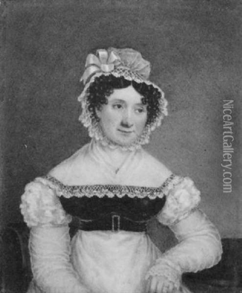 Mrs. Evans, Resting Her Left Arm On A Table, Wearing White Dress With Gauze Sleeves And Fichu Oil Painting - William Corden