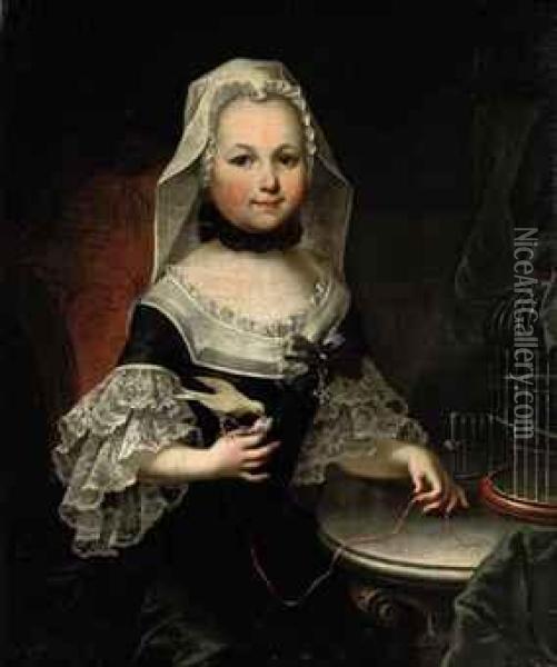 Portrait Of Antonia, Countess Of Lamberg, Three-quarter-length, Ina Black And White Dress With Lace Cuffs, Holding A Bird By Astring Oil Painting - Joseph Hickel