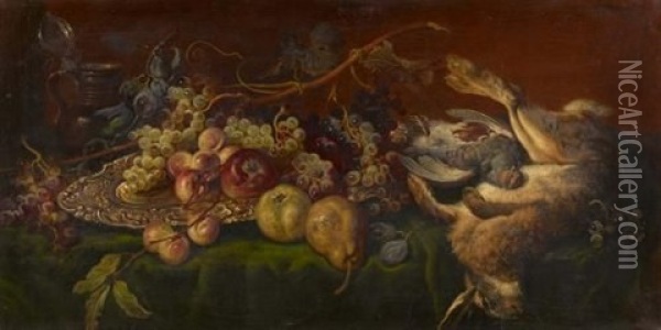 Groses Stillleben Mit Obst Und Erlegtem Hasen Oil Painting - Ludwig Adam Kunz