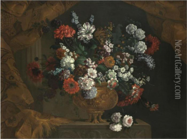 Still Life Of Flowers In A Gilt Urn On A Stone Ledge Oil Painting - Pieter III Casteels