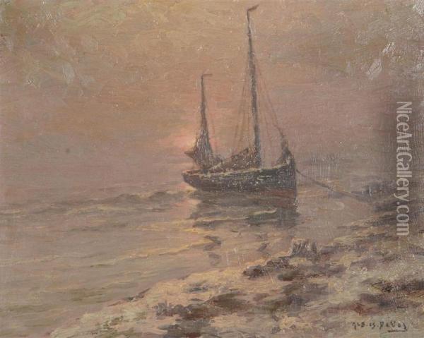 Moored Fishing Boat At Sunset. Canvas. Signed 