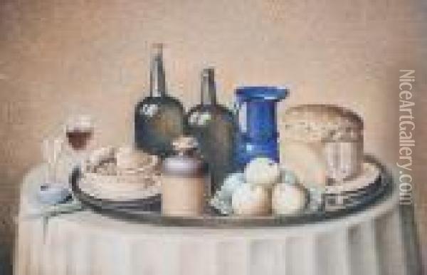 Still Life Of Wine, Pie, Bread And Fruit On A Table Oil Painting - Mary Ellen Best