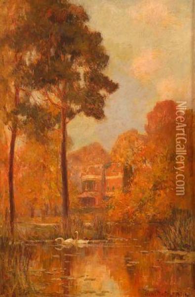 River Scene With Swans 
House To Distance Oil Painting - Adam Edwin Proctor
