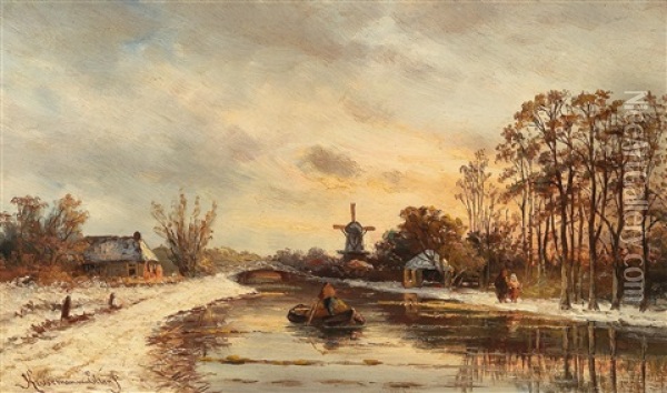 Winter Landscape With Windmill Oil Painting - Hendrik Dirk Kruseman van Elten