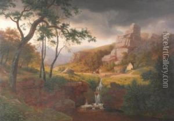 A Germanic Valley Scene With Figures.
Oil On Canvas. Oil Painting - Leonhard Rausch