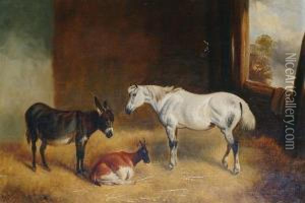 Donkey, Horse And Goat In A Barn Interior Oil Painting - James Thomas Wheeler