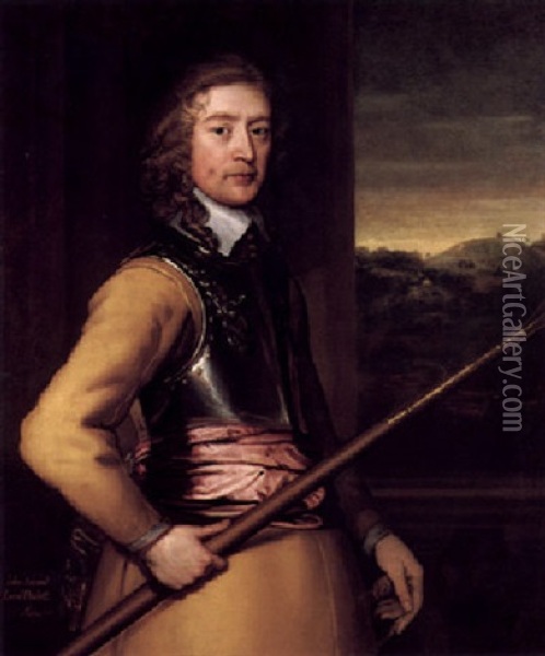 Portrait Of John, 2nd Baron Poulett Wearing A Buff Tunic And Breastplate And Red Sash And Holding A Staff Oil Painting - John Hayls