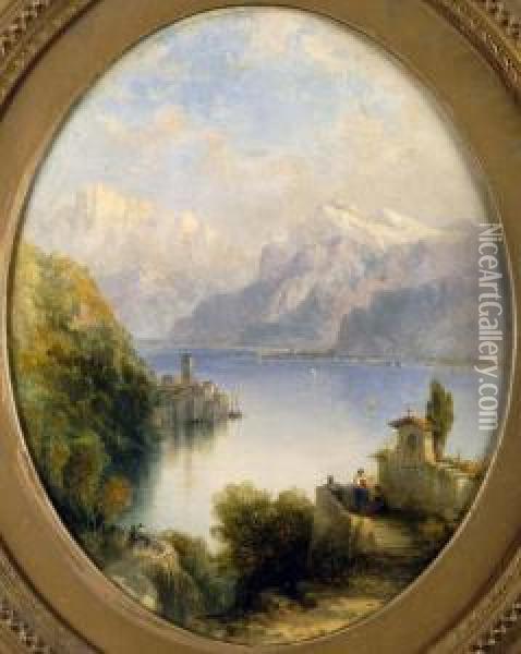 Oval Continental Mountainous Lake Scene With Buildings And Figures. Oil Painting - Foster Birkett