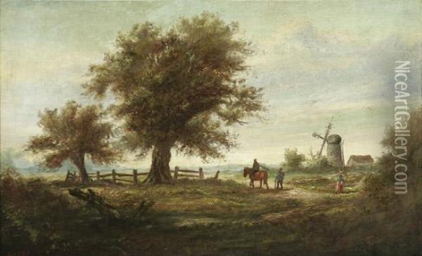 Landscape With Windmill And Figures Oil Painting - George Arthur Hickin
