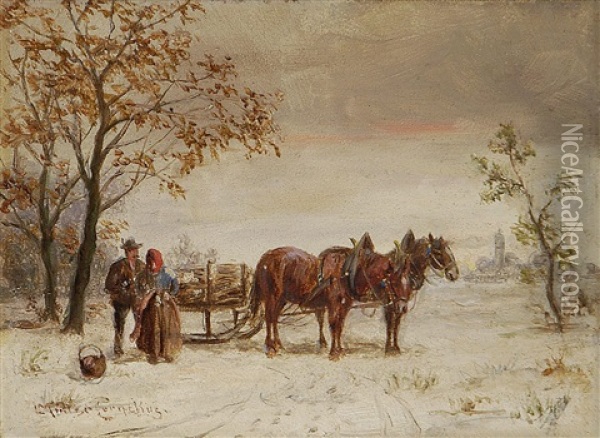 Pferdeschlitten Und Bauernpaar In Winterlandschaft Oil Painting - Ludwig Mueller-Cornelius