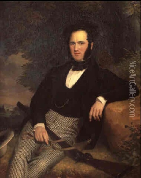 Portrait Of Mr Garratt, Three Quarter Length, Seated, A     Shotgun Resting On His Lap, A View Of Bishop's Court Beyond Oil Painting - John Prescott Knight